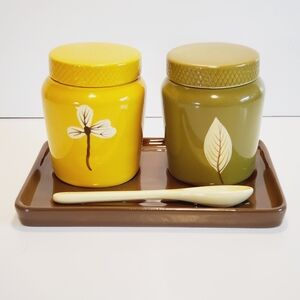 Ceramic Set of Condiment Jars with Spoon and Tray